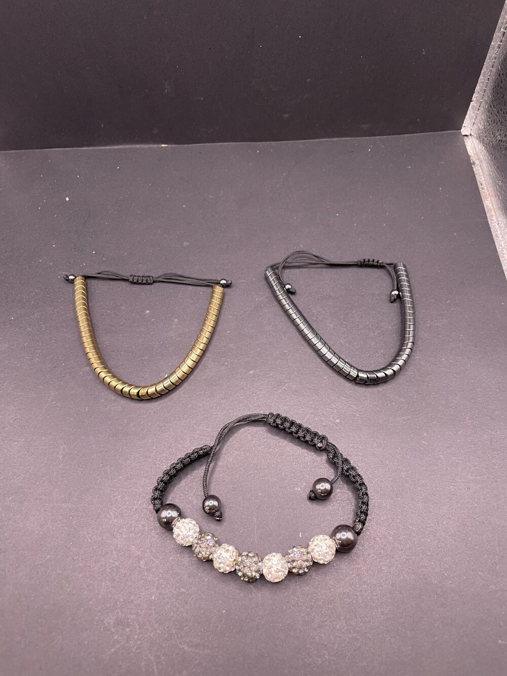 Lot of 3 Hematite & Shamballa Style Bracelets Adjustable Cord Beaded Unisex